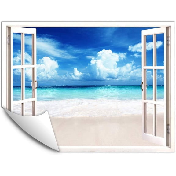 IDEA4WALL Wall Murals Fake White Window with Blue Sky Removable Wallpaper Peel and Stick Wall Stickers - 24x32 inches