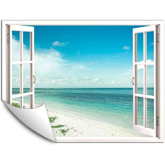 IDEA4WALL Wall Murals Fake White Window with Broad Sky and Ocean Removable Wallpaper Peel and Stick Wall Stickers - 24x32 inches