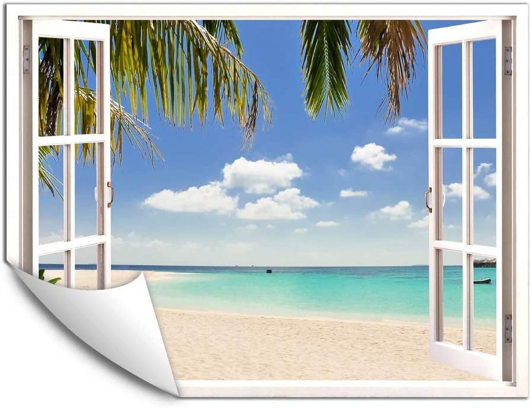 IDEA4WALL Wall Murals Fake White Window with Green Sea and Palm Leaves ...