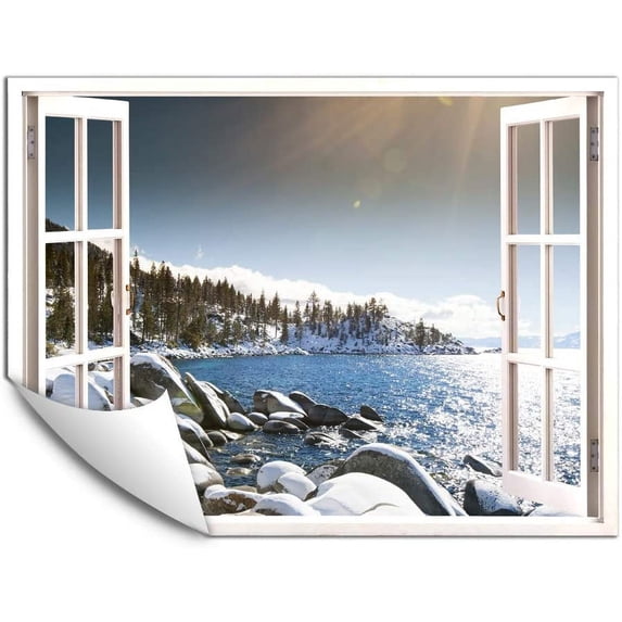 IDEA4WALL Wall Murals Fake White Window with Lake in the Winter Removable Wallpaper Peel and Stick Wall Stickers - 24x32 inches