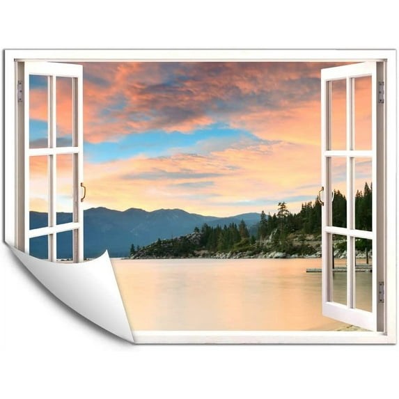 IDEA4WALL Wall Murals Fake White Window with Orange Clouds Reflect on the Lake Removable Wallpaper Peel and Stick Wall Stickers - 24x32 inches