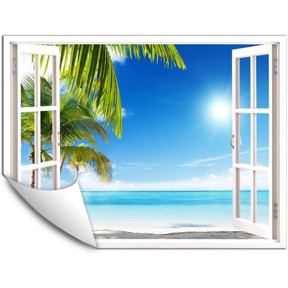IDEA4WALL Wall Murals Fake White Window with Shining Sun and Palm Tree on Beach Removable Wallpaper Peel and Stick Wall Stickers - 24x32 inches
