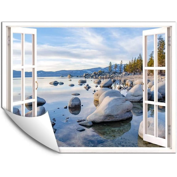 IDEA4WALL Wall Murals Fake White Window with Stones Stand in the Lake Removable Wallpaper Peel and Stick Wall Stickers - 36x48 inches