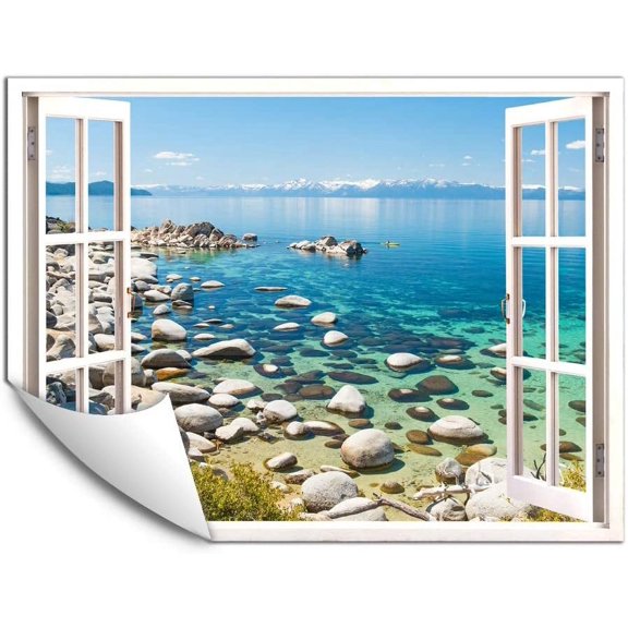 IDEA4WALL Wall Murals Fake White Window with Stones in the Lake Removable Wallpaper Peel and Stick Wall Stickers - 24x32 inches
