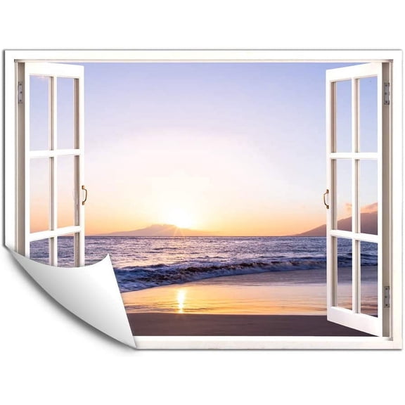 IDEA4WALL Wall Murals Fake White Window with Sunset Reflect on the Beach Removable Wallpaper Peel and Stick Wall Stickers - 24x32 inches