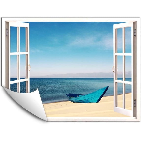 IDEA4WALL Wall Murals Fake White Window with Teal Boat on the Beach Removable Wallpaper Peel and Stick Wall Stickers - 24x32 inches