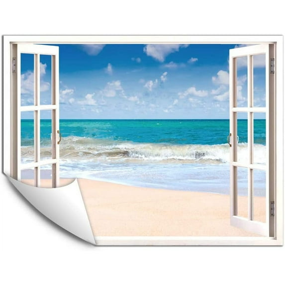 IDEA4WALL Wall Murals Fake White Window with Waves on the Beach Removable Wallpaper Peel and Stick Wall Stickers - 36x48 inches