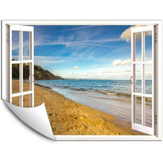 IDEA4WALL Wall Murals Fake White Window with Yellow Sands Beach by the Sea Removable Wallpaper Peel and Stick Wall Stickers - 36x48 inches