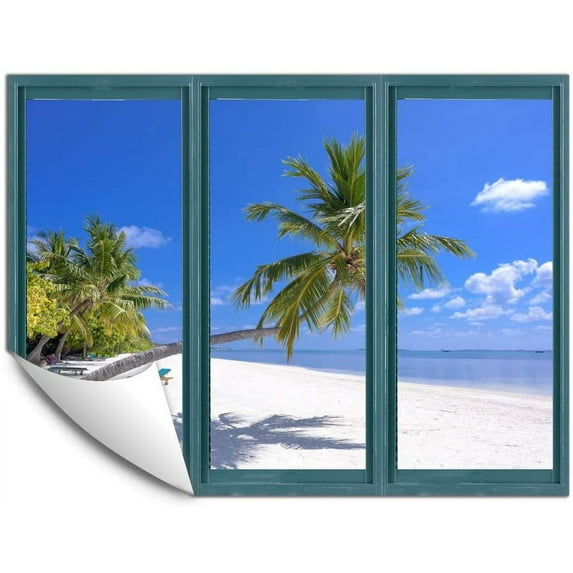 IDEA4WALL Wall Murals for Bedroom Fake Window Beach Blue Window Removable Wallpaper Peel and Stick Wall Stickers - 24x32 inches