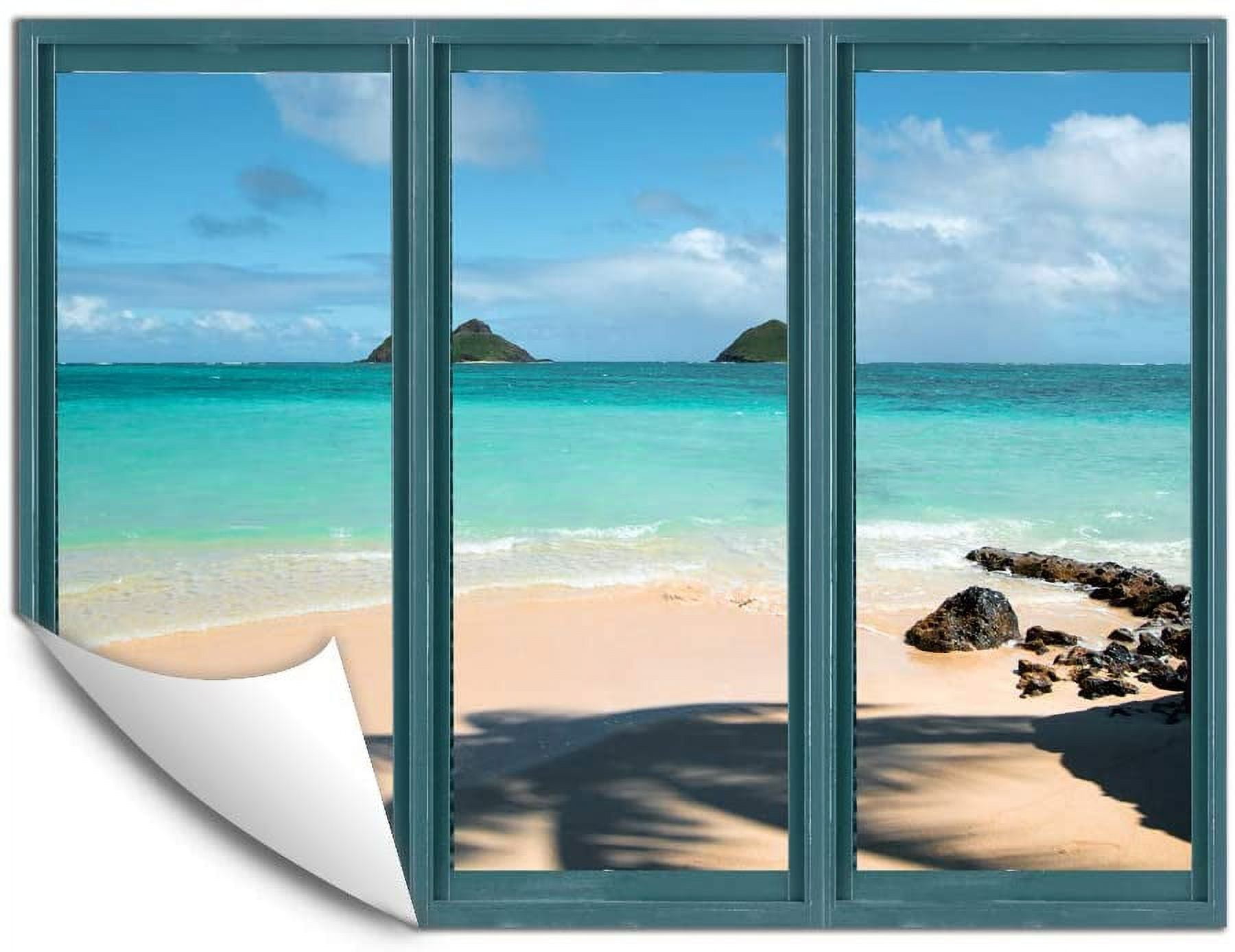 IDEA4WALL Wall Murals for Bedroom Fake Window Beach Blue Window