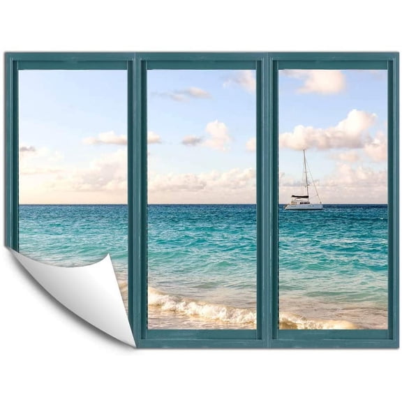 IDEA4WALL Wall Murals for Bedroom Fake Window Beach Blue Window Removable Wallpaper Peel and Stick Wall Stickers - 24x32 inches