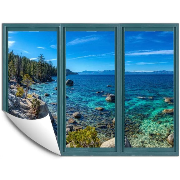 IDEA4WALL Wall Murals for Bedroom Fake Window Beach Blue Window Removable Wallpaper Peel and Stick Wall Stickers - 24x32 inches