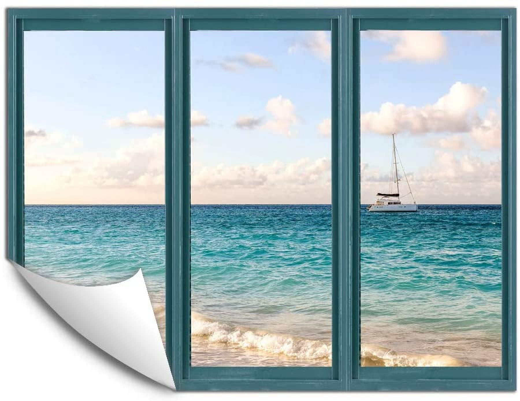IDEA4WALL Wall Murals for Bedroom Fake Window Beach Blue Window ...