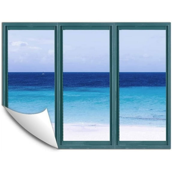 IDEA4WALL Wall Murals for Bedroom Fake Window Beach Blue Window Removable Wallpaper Peel and Stick Wall Stickers - 36x48 inches