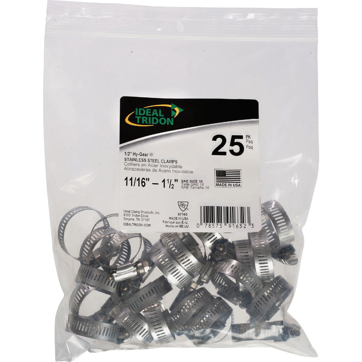 IDEAL CLAMP PRODUCTS 6716550Hose Clamp Ideal Tridon Worm Gear Hose Clamp, Series: Hy-Gear 67-6, 11/16-1-1/2 In Nominal Opening, No 16 Trade, 1/2 In Width, 5/16 In Hex Bolt, 35 In-Lb Torque