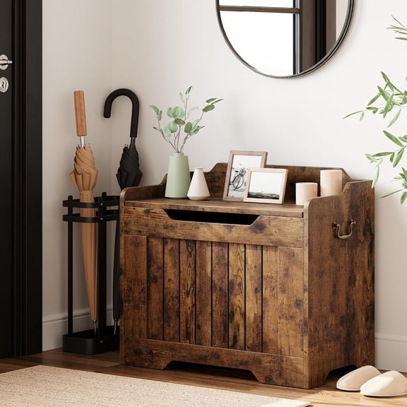 IDEALHOSUE 24.8” Storage Chest, Wooden Storage Bench with Safety Hinge, Retro Blanket Storage Trunk for Entryway, Living Room, Supports 350 lb, Rustic Brown