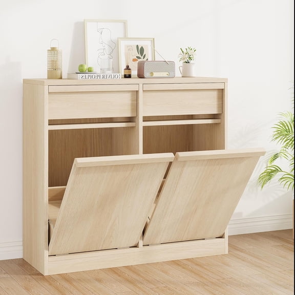 IDEALHOUSE 10 x 2 Gallon Tilt Out Trash Cabinet,Wooden Kitchen Trash Bin Cabinet with Hideaway Drawer,Pet Proof Hidden Garbage Can Holder,Laundry Hamper Cabinet for Bedroom,Bathroom(Double Cabinet)