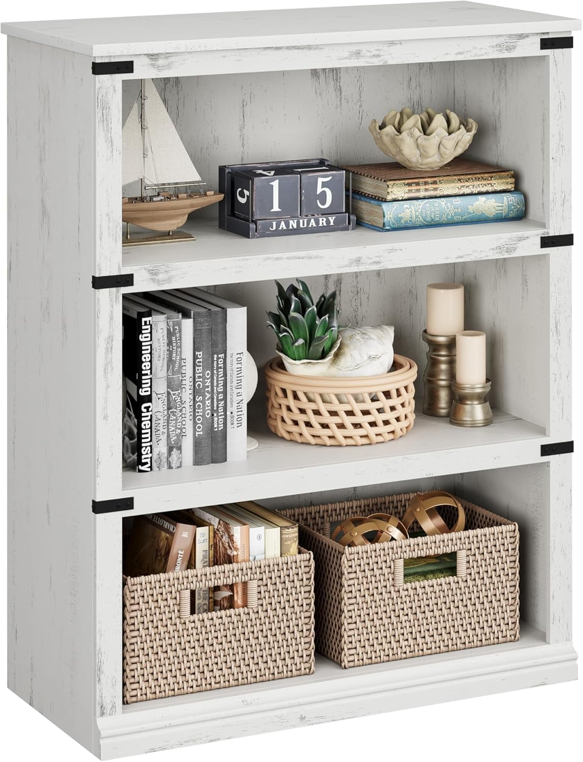 Antique White 40" Rustic MDF 3-Tier Bookcase