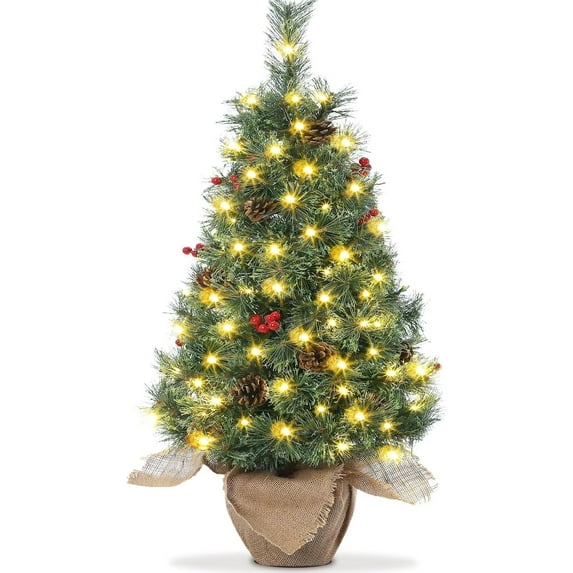 IDEALHOUSE 3FT Green Linen Base 1pc Artificial Christmas Tree, Pine Cones, Red Berries, Rustic Charm