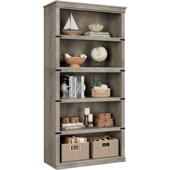 IDEALHOUSE 5 Tier Bookcase, Farmhouse Book Shelf with Storage, 71" Tall Book Case Wooden 5 Shelf Bookcase for Home Office, Living Room, Bed Room (Grey, 67.4" H x 31.5" W x 12.8" D)