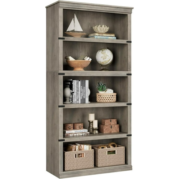 IDEALHOUSE 5 Tier Bookcase, Farmhouse Book Shelf with Storage Open Display Bookshelves, 67.4" Tall Book Case Wooden 5 Shelf Bookcase Home Decor Furniture for Home Office, Living Room, Bed Room - Grey