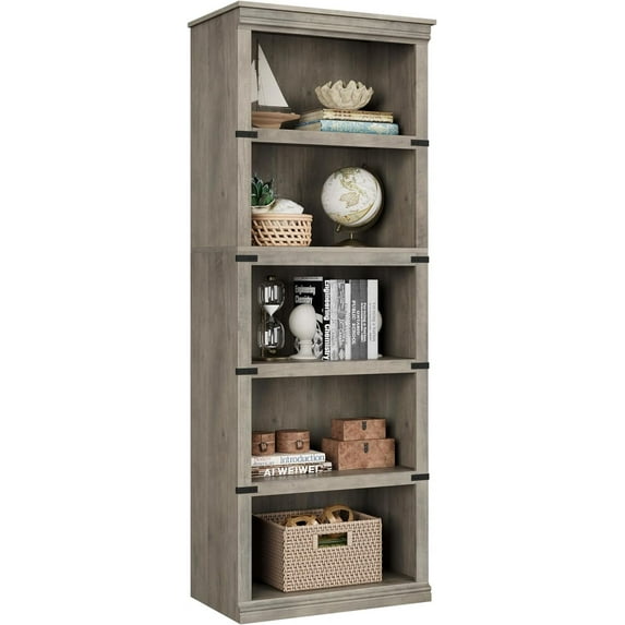 IDEALHOUSE 5 Tier Bookcase, Farmhouse Book Shelf with Storage, Tall Book Case Wooden 5 Shelf Bookcase for Home Office, Living Room, Bed Room (Grey, 67.4" H x 24.6" W x 12.8" D)