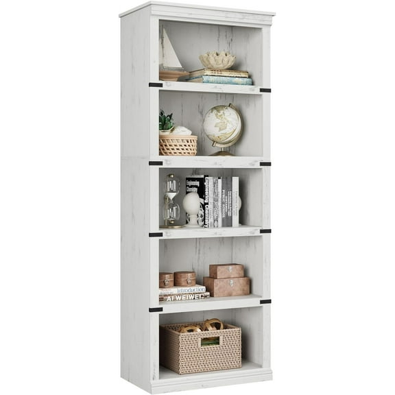 IDEALHOUSE 5 Tier Bookcase, Farmhouse Book Shelf with Storage, Tall Book Case Wooden 5 Shelf Bookcase for Home Office, Living Room, Bed Room (White, 67.4" H x 24.6" W x 12.8" D)