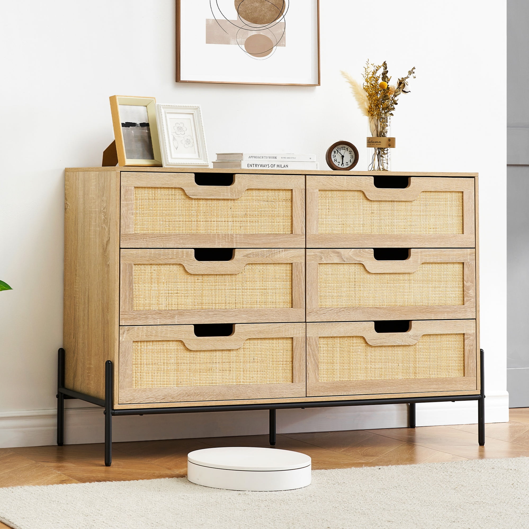 IDEALHOUSE 6 Drawers Dresser for Bedroom, Natural Rattan Drawer with ...