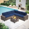 thumbnail image 1 of IDEALHOUSE 6 Pieces Outdoor Patio Furniture Set, Wicker Patio Conversation Set Sectional Sofa, Brown Patio Sofa with 5 Navy Blue Seat Cushions and 1 Glass Coffee Table, 1 of 7