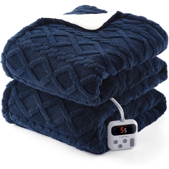 IDEALHOUSE 62*84in Blue Electric Blankets, Extra Soft Sherpa Heated Throw Blanket, Tufted Cable Pattern for Comfort