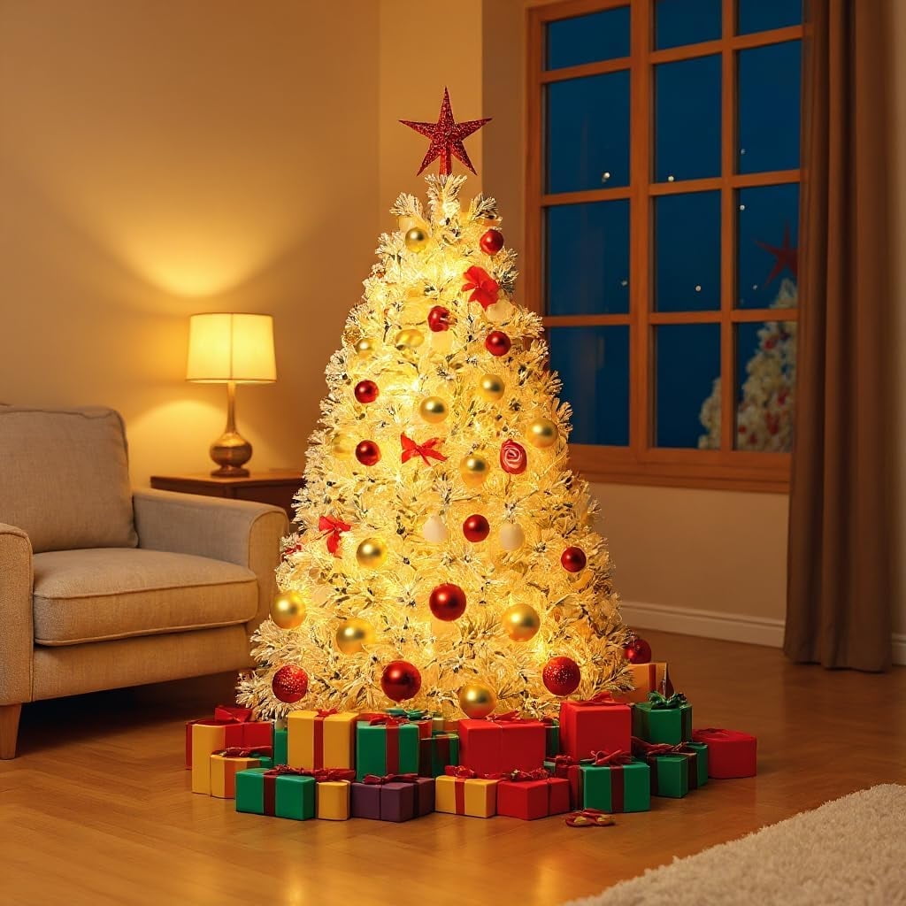 IDEALHOUSE 7.5ft Snow Flocked Full Pine Tree, Full Shape, Foldable ...