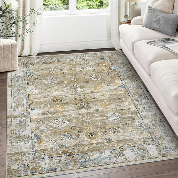 IDEALHOUSE 8x10ft coffee Area Rugs, Vintage Green Floral Rug, Ultra-Soft Pearl Velvet, Washable, Slip Resistant Backing, Distressed Low Pile, Lightweight, Foldable
