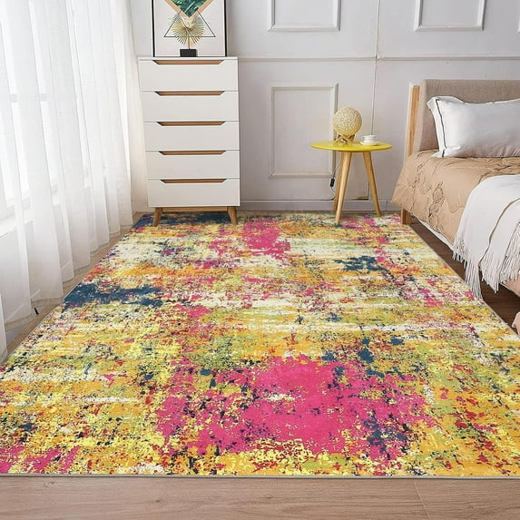 IDEALHOUSE 9x12ft Multi Color Area Rugs, Modern Abstract Indoor Rug, Machine Washable Polyester, Non-Slip, Gray Cream Linear Pattern, Plush Texture, Low Pile, Large Living Space