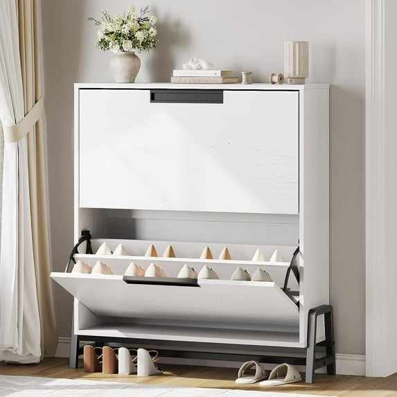 IDEALHOUSE Antique White Shoe Cabinets, 2 Flip Drawers Modern Slim Storage Cabinet, Adjustable Organizer with Metal Legs, for Entryway, Living Room, Hallway, Large Capacity