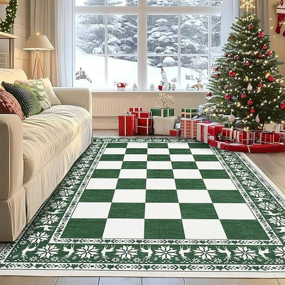 IDEALHOUSE Area Rugs 5x7ft, Green, Checkered Christmas Washable Non Slip Low Pile Carpet, Soft Foldable Holiday Living Room Mat