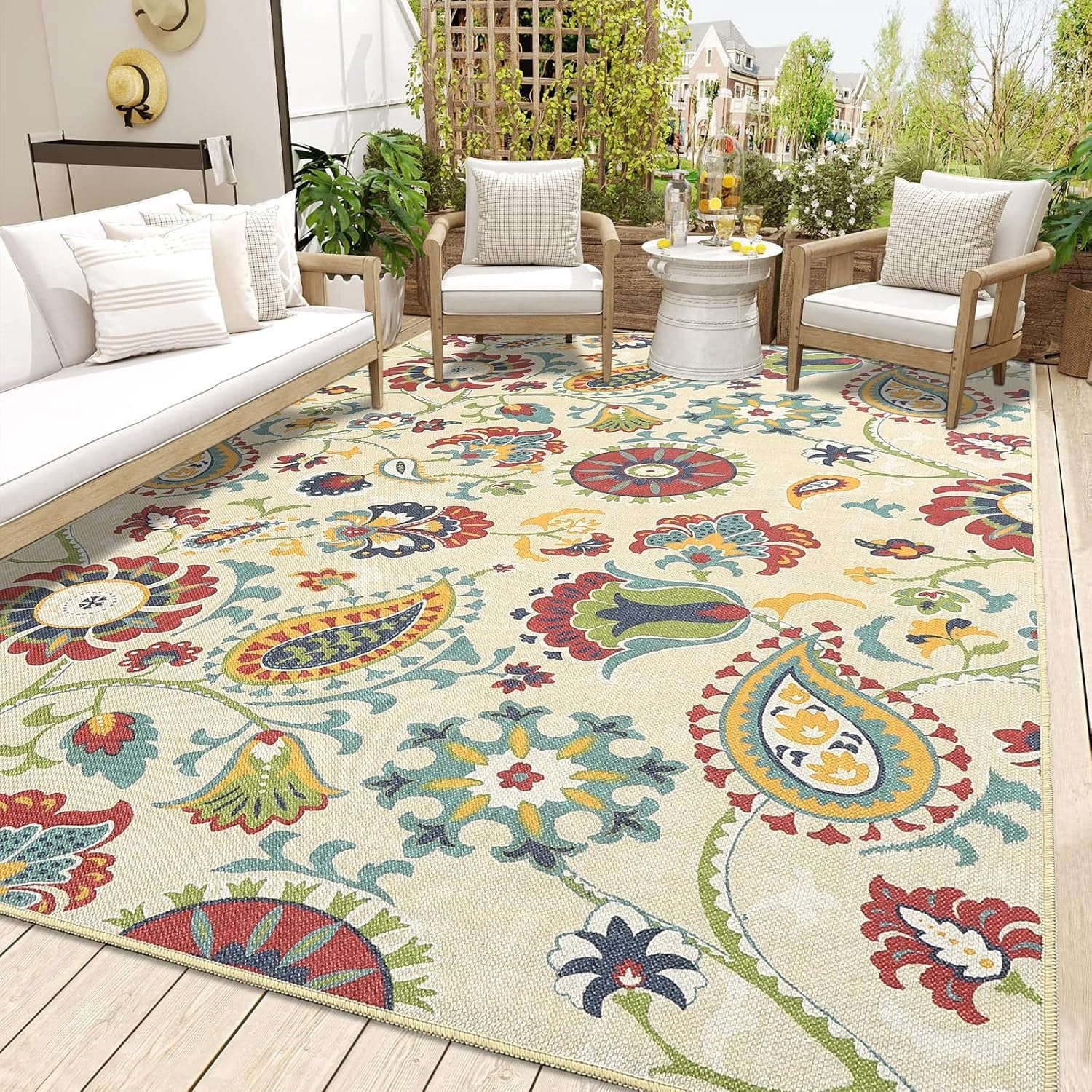 IDEALHOUSE Area Rugs 5x8ft, Beige with Red-Green Flowers, Reversible ...