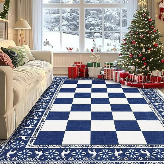 IDEALHOUSE Area Rugs 8x10ft, Blue, Checkered Christmas Washable Non Slip Low Pile Carpet, Soft Foldable Holiday Living Room Mat