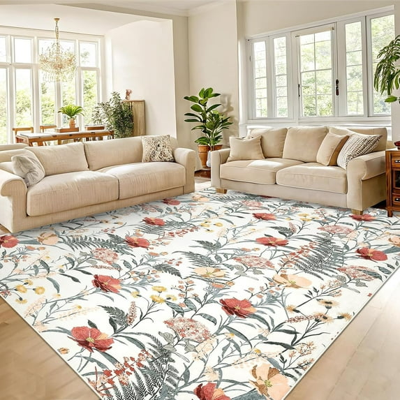 IDEALHOUSE Area Rugs 9x12ft, Beige, Washable Modern Floral Non-Slip Low Pile Carpet, Soft Foldable Living Room Bedroom Mat