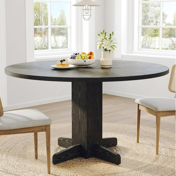 IDEALHOUSE Black Dining Table, 47" Round Table, Wooden Pedestal Base, Farmhouse Modern Style, Cross Legs, Stable, Conversation-Friendly, Elegant, Easy Assembly, For Dining Room, Kitchen