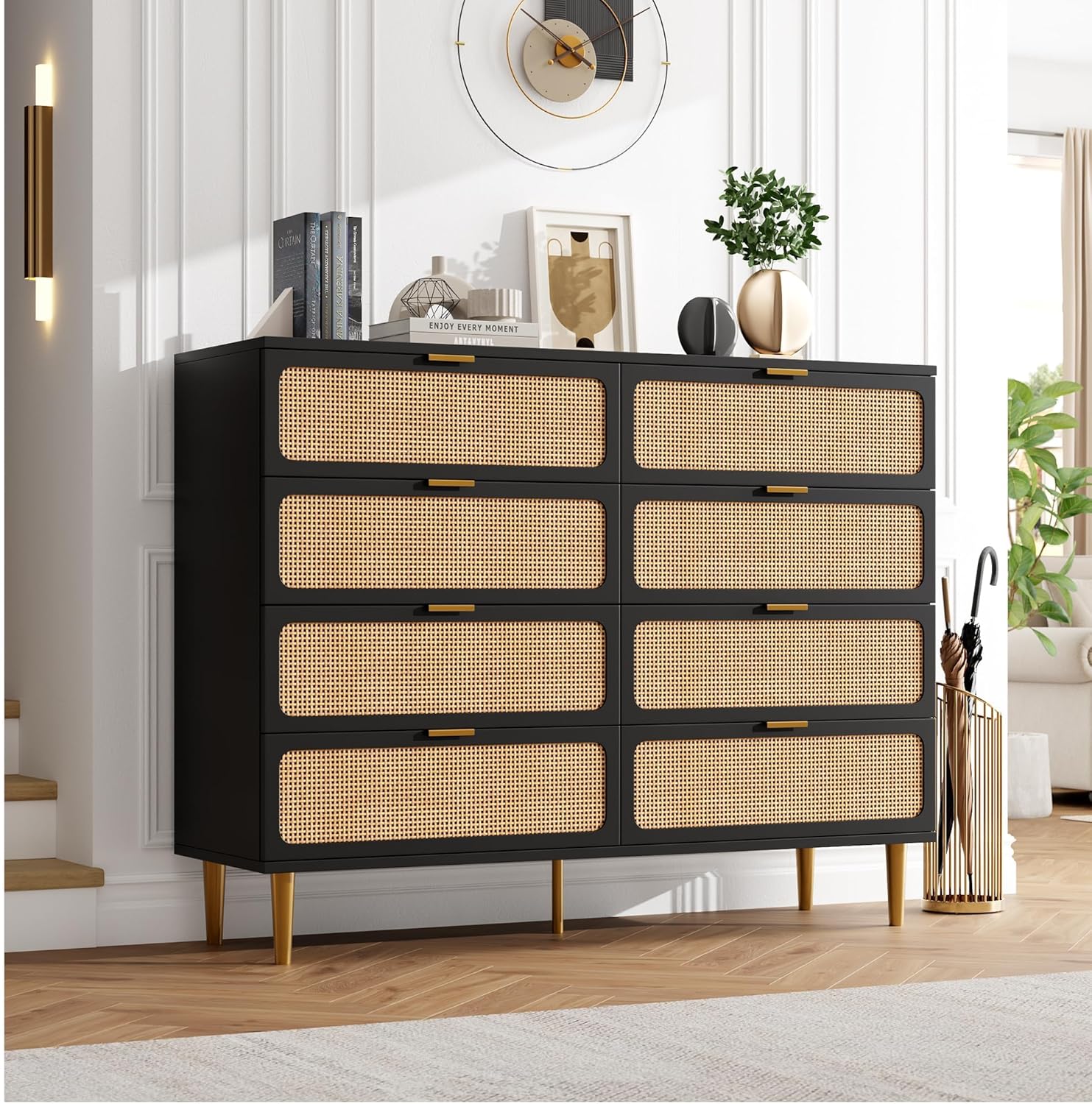 IDEALHOUSE Black Storage Lockers, Rattan 8 Drawers Tall Dresser, Wide ...
