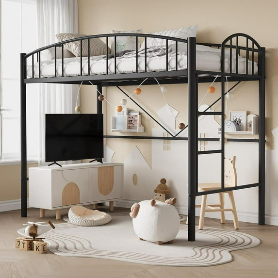 IDEALHOUSE Black Twin Loft Bed Frames, Space Saving Metal Platform, Safe Guardrail, Noise-Free, Sturdy Ladder, Dorm, Small Room, Modern Bunk Style, Teens, Adults, Easy Assembly