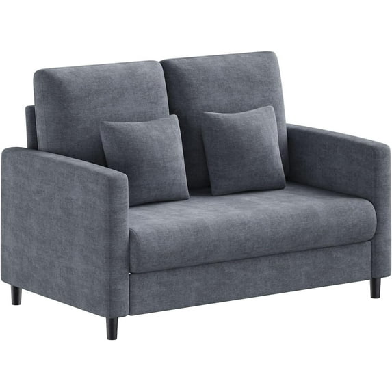 IDEALHOUSE Blue Grey Sofa Bed, 51 Inch Small Loveseat, Teddy Fabric Mini Couch, Chaise Lounge Option, Versatile, Tool-Free Assembly, for Bedroom