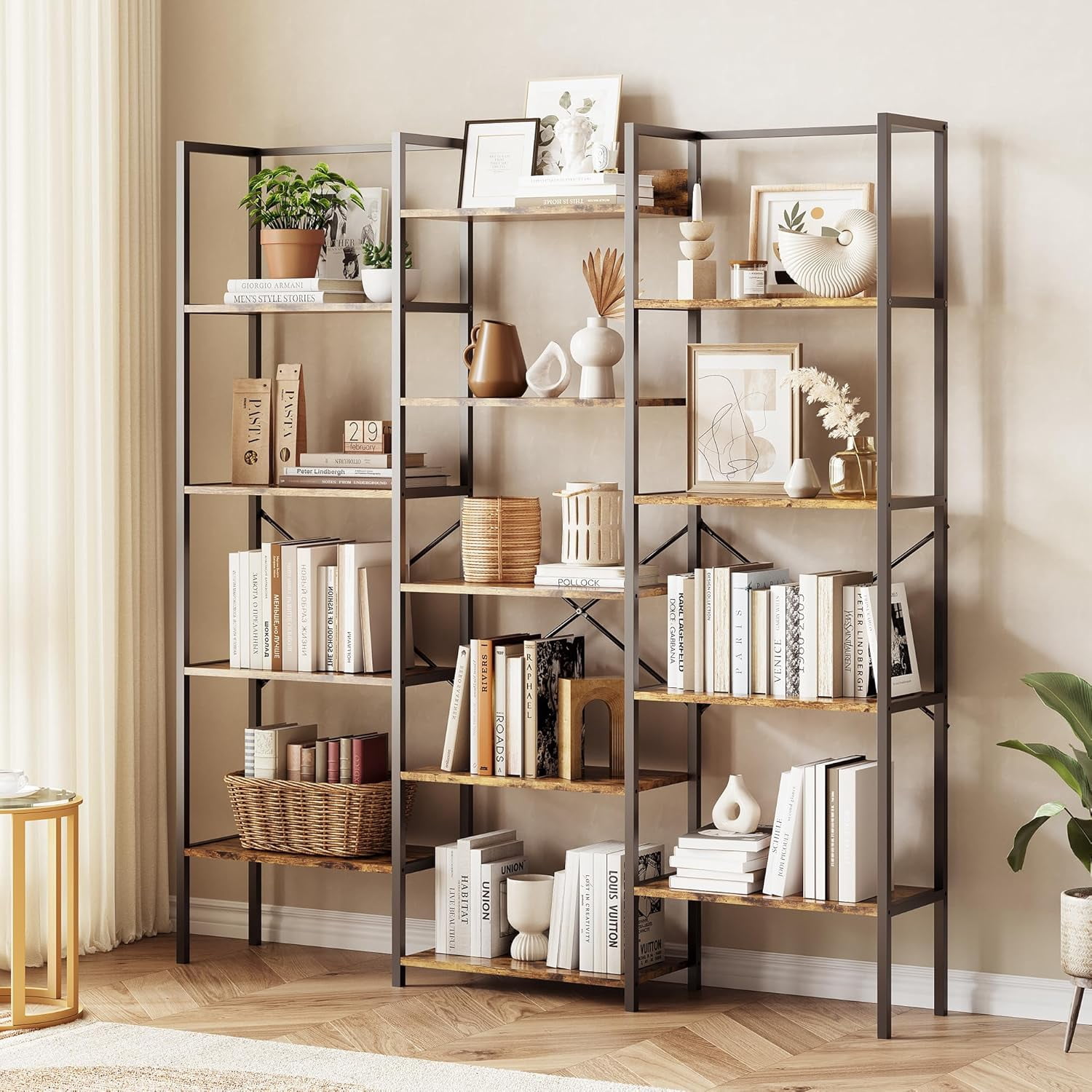 IDEALHOUSE Bookcases 4-Tier, Brown, Triple Column Bookshelf, 13 ...