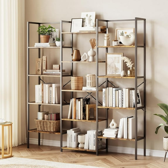 IDEALHOUSE, Brown, 5 Shelf Bookcase, Triple Column Bookshelf, Adjustable Open Display Rack, Heavy Duty Metal Frame, Modern Organizer, Anti-Tip Secure, Living Room, Office