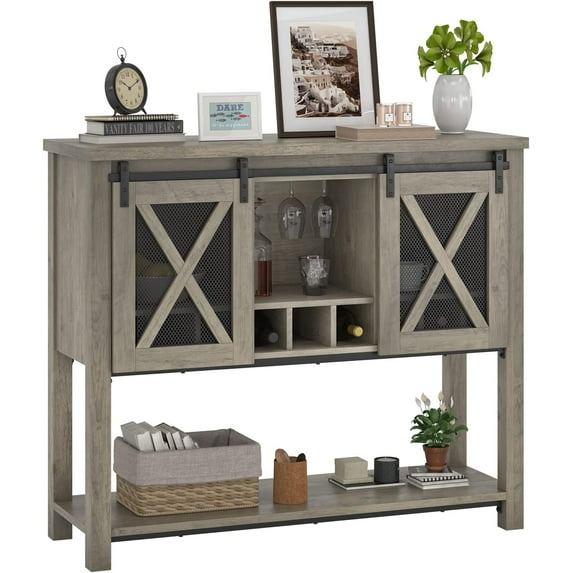 IDEALHOUSE Coffee Bar Cabinet, Console Entryway Table with Storage, Farmhouse Sideboard Buffet Cabinet with Sliding Barn Doors, Wine Liquor Cabinet with Racks for Kitchen, Hallway, Living Room, Gray