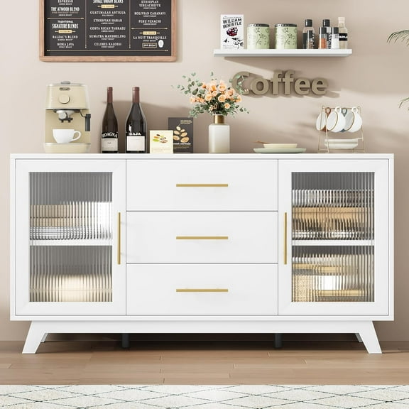 IDEALHOUSE Coffer Bar Cabinet with 2 Fluted Glass Doors, 56" Modern Sideboard Buffet with 3 Drawers, White Large Storage Cabinet for Kitchen, Dining Room, Living Room, White Top