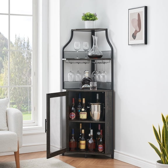 IDEALHOUSE Corner Bar Cabinet, Wine Bar Cabinet with Large Storage Space and Detachable Wine Rack, Wine Cabinets with Glass Holder and Mesh Door for Dining Room, Living Room, Kitchen (Dark Wood)