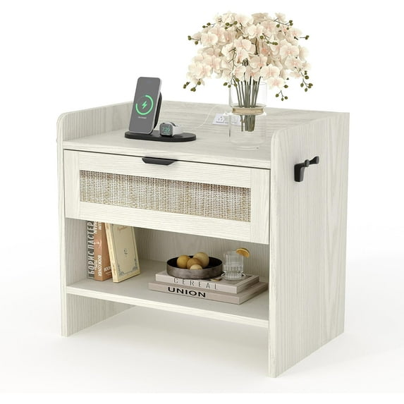 IDEALHOUSE Cream Rattan Nightstands, Bedside Table with Type-C Side Charging Station, 1 Drawer and Open Shelf Storage, Accent End Table for Bedroom Living Room Office, 1 Pack