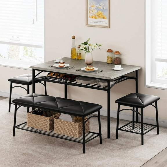 IDEALHOUSE Dining Table Set for 4, Kitchen Table Set of 4 with Upholstered Dining Bench and Square Stools, Dining Set for 4 with Storage for Small Space, Apartment - Grey