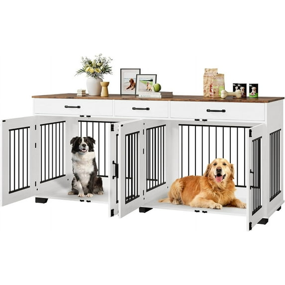 IDEALHOUSE Double Dog Crate Furniture, Large 71in Indoor Kennel with 3 Storage Drawers, Removable Divider, Heavy Duty TV Stand & Side Table for Medium to Large Dogs, Brown & Straight White